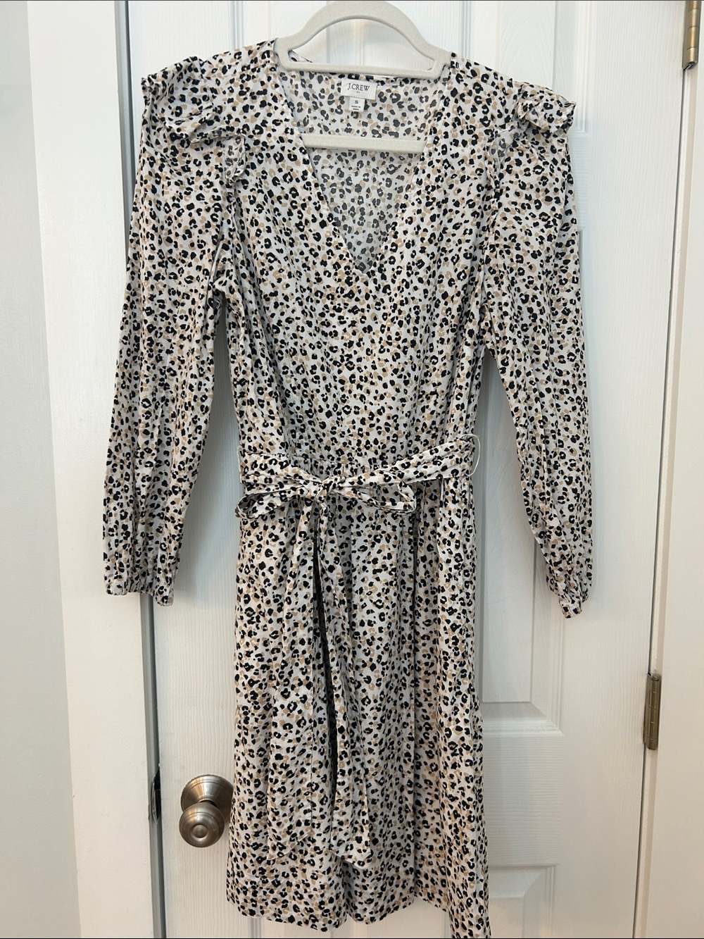 J. Crew Cream Leopard-Print Long Sleeve Wrap Dress